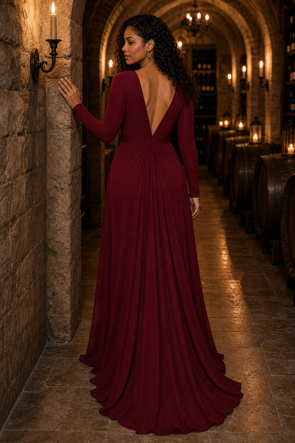 Burgundy V-neck Long Sleeve A-Line Chiffon Floor-Length Dress With Open Back