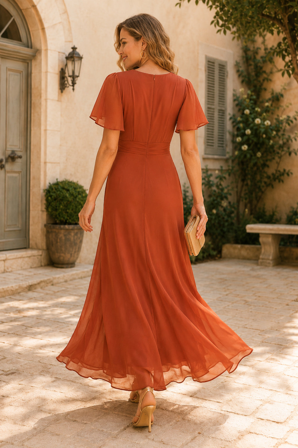 Papaya V-Neck Flutter Sleeve Chiffon A-Line Dress back view