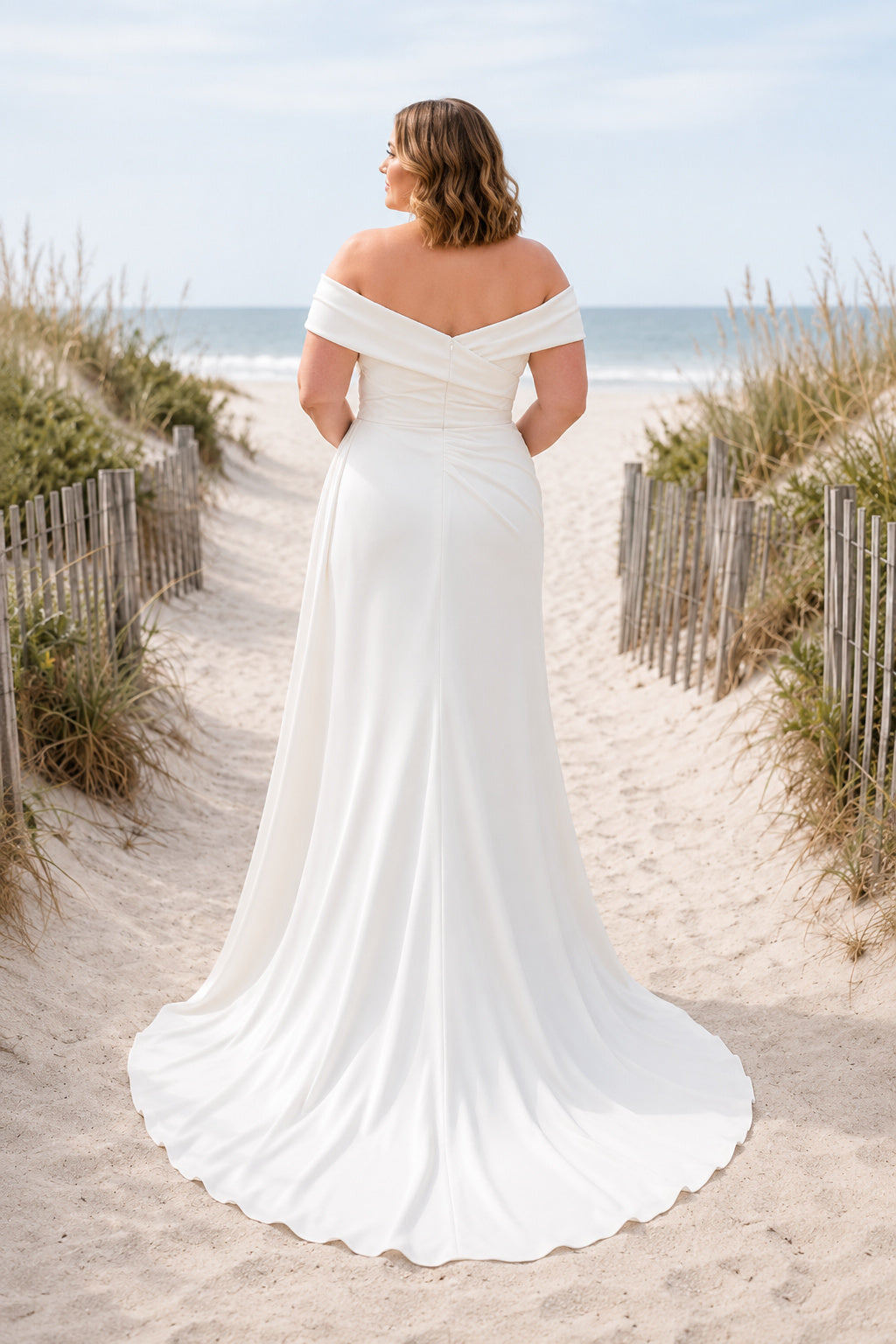 White Plus Size Off-the-Shoulder Sheath Wedding Dress with Draped Satin Skirt and Train back view