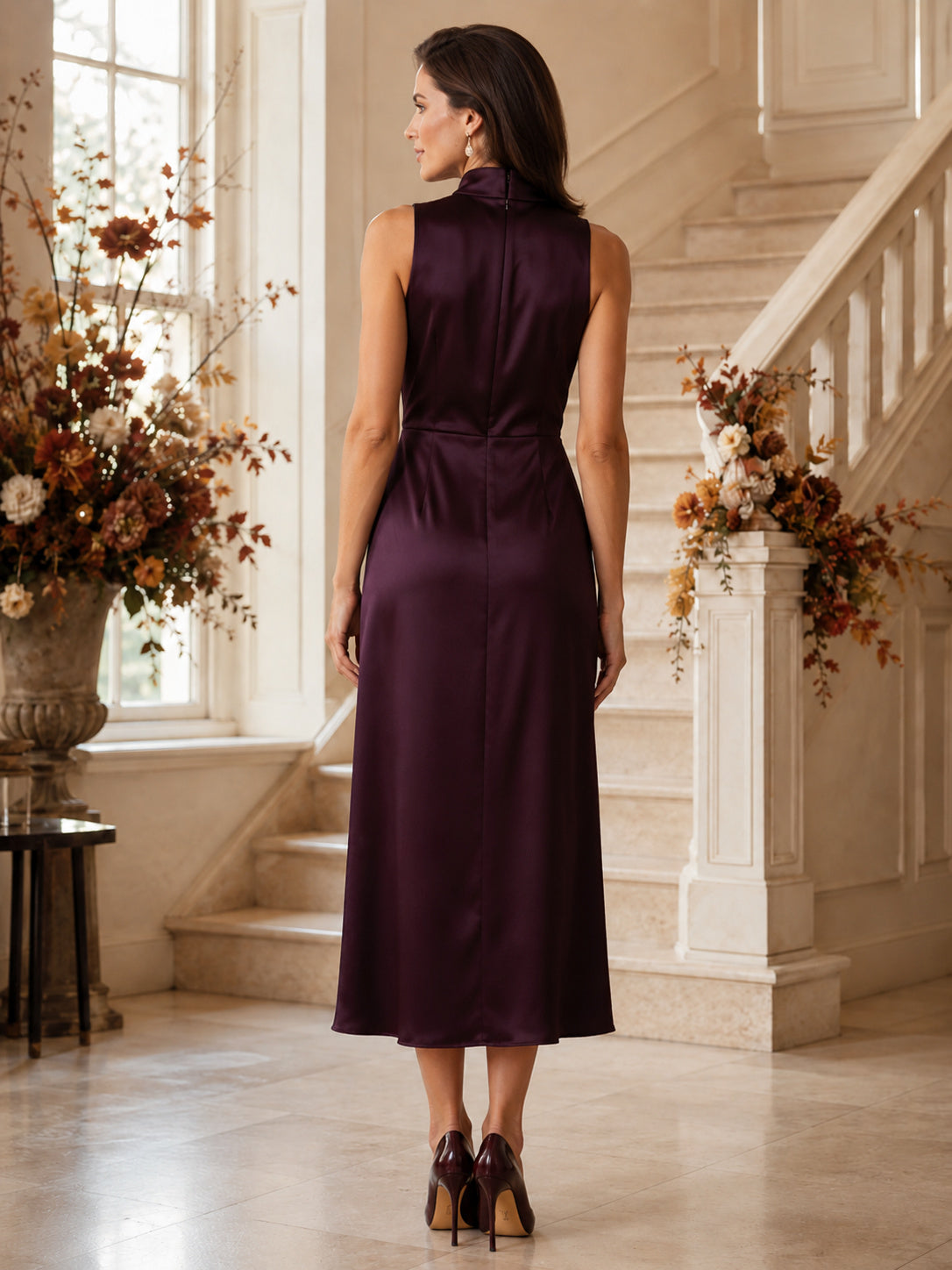 Plum High Neck Sleeveless Satin Sheath Midi Guest Dress back view