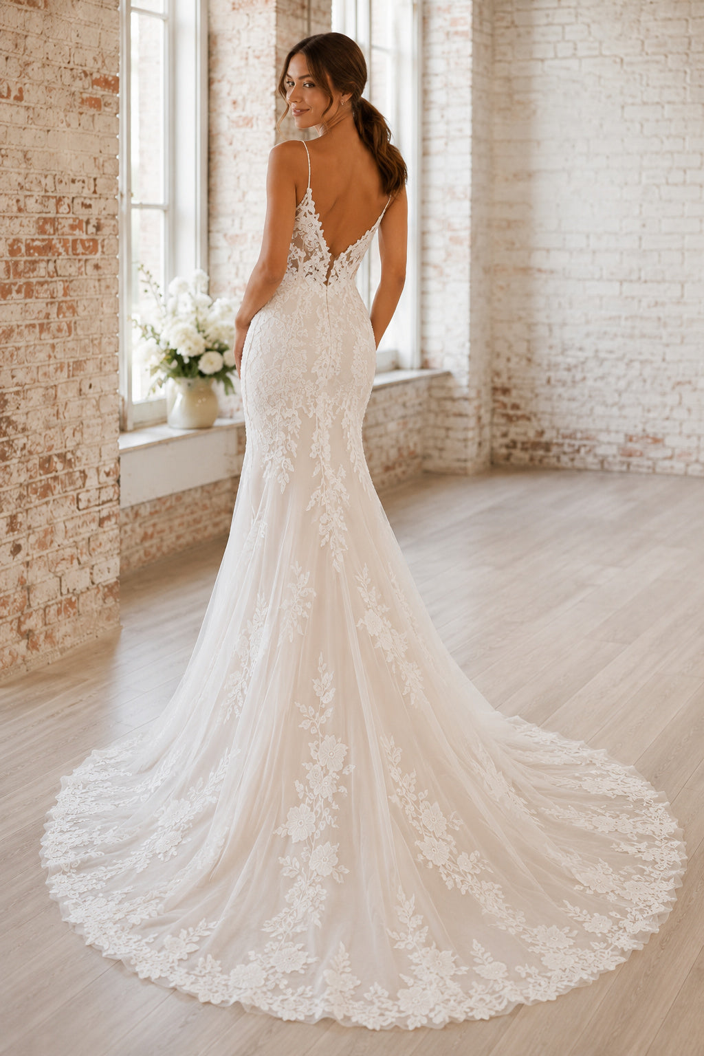 Wedding Mermaid Lace Dress with Spaghetti Straps and Chapel Train back view