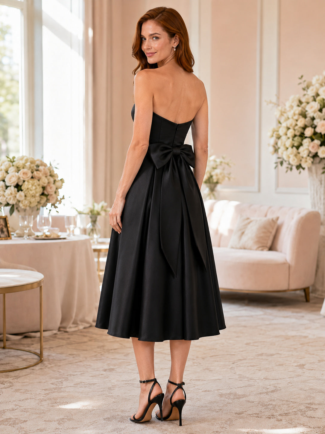 Black Strapless Sweetheart Bow Back Satin A Line Guest Dress back view