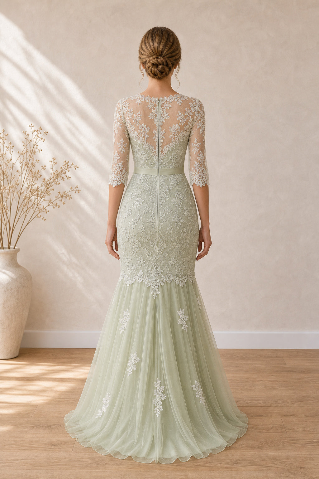 Mint Bateau Three-Quarter Sleeve Mermaid Lace Floor-Length Dress With Tulle Skirt