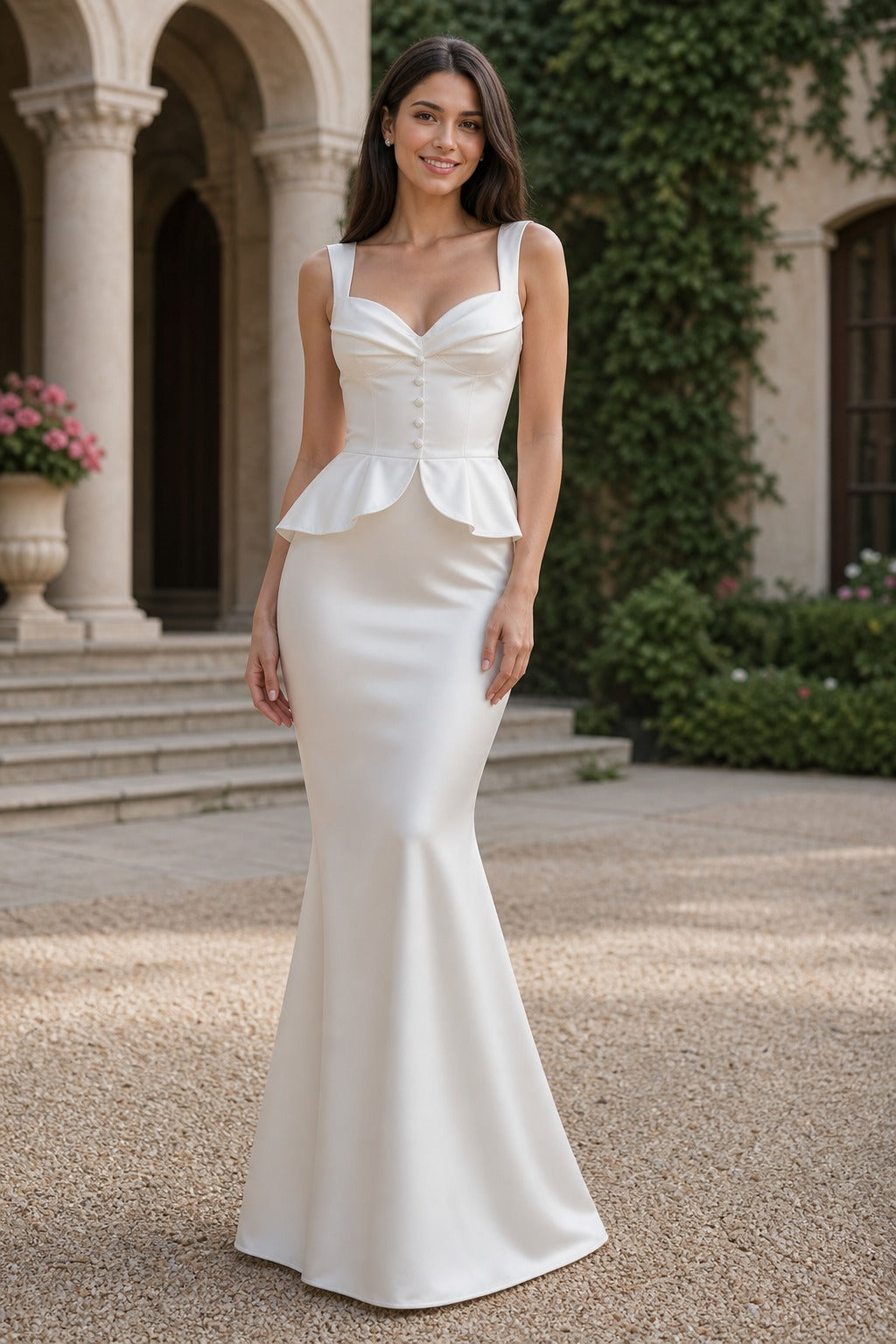 White V-Neck Floor-Length Crepe Mermaid Dress with Peplum