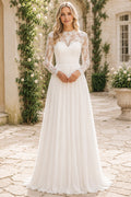 Ivory Modest High Neck A-Line Chiffon Lace Wedding Dress with Long Lace Sleeves and Sweep Train front view