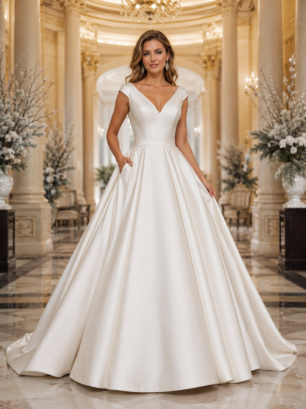 Winter V-Neck Cap Sleeve Satin Ball Gown Wedding Dress front view
