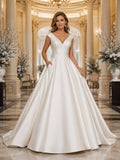 Winter V-Neck Cap Sleeve Satin Ball Gown Wedding Dress front view