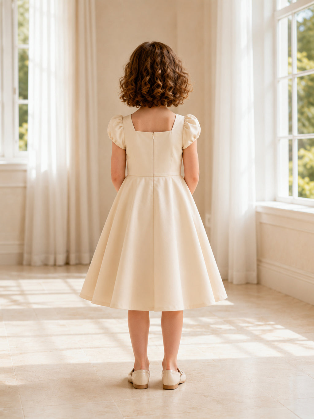 Flower Girl Dress Ivory Satin A-Line Short Sleeve Scoop Tea length Bow Detail back view