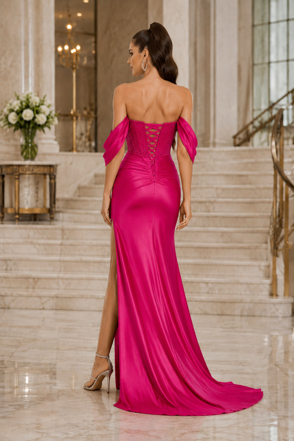 Fuchsia Fuchsia Satin Sheath Gown with Draped Sleeves and Thigh Slit Floor Length And Sweep/Brush Train Sheath Prom Dress bac