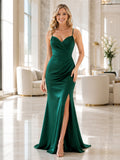 Emerald Spaghetti Satin High Slit Mermaid Evening Dress front view