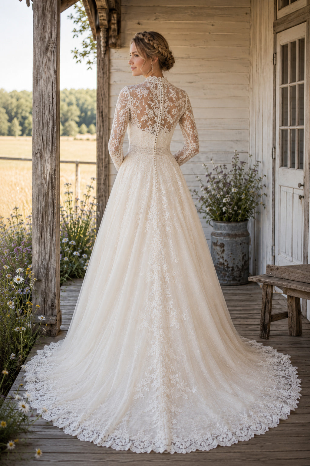 High Neck Long Sleeve A-Line Wedding Dress with Illusion Lace Bodice and Chapel Train back view