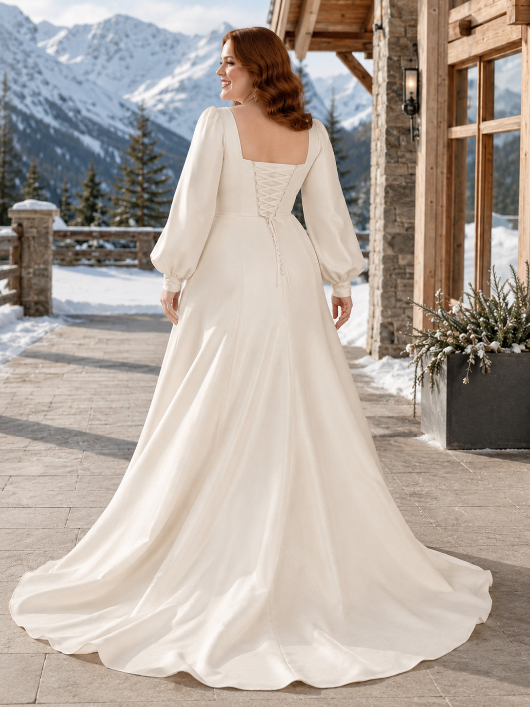Plus Size Square Neck Long Puff Sleeve Satin Corset A-Line Chapel Wedding Gown back view