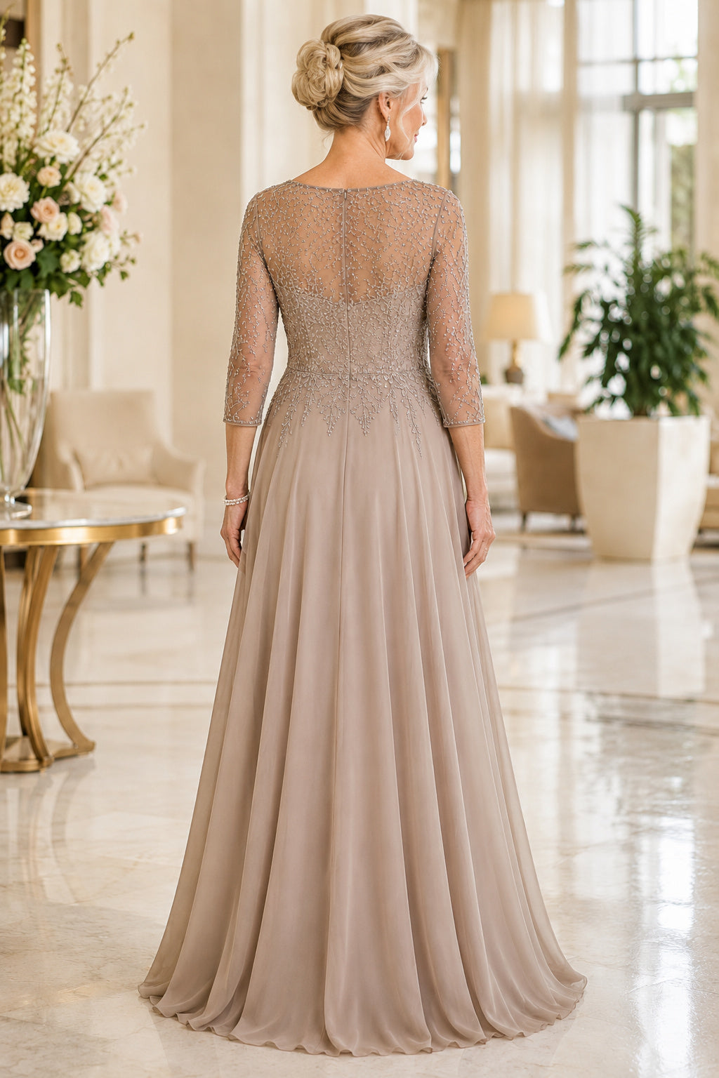 Taupe Chiffon A-Line Mother Dress with Beaded Illusion Three Quarter Sleeves back view