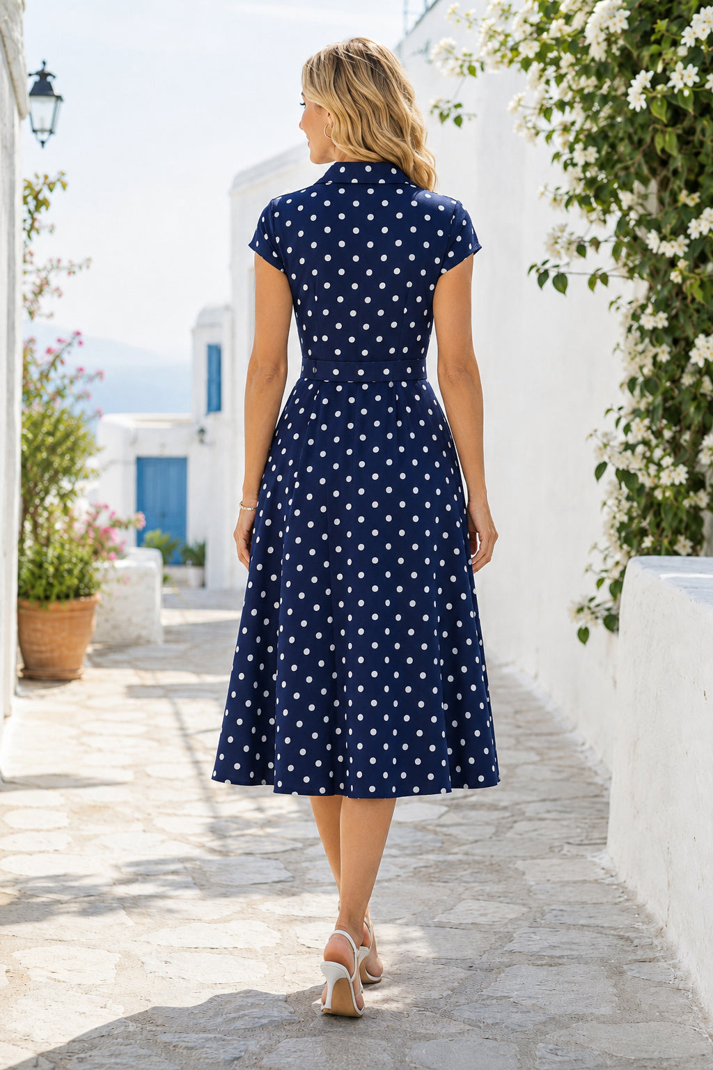 Navy White Polka Dot Summer Dress A-Line V-Neck Short Sleeve Tea Length back view