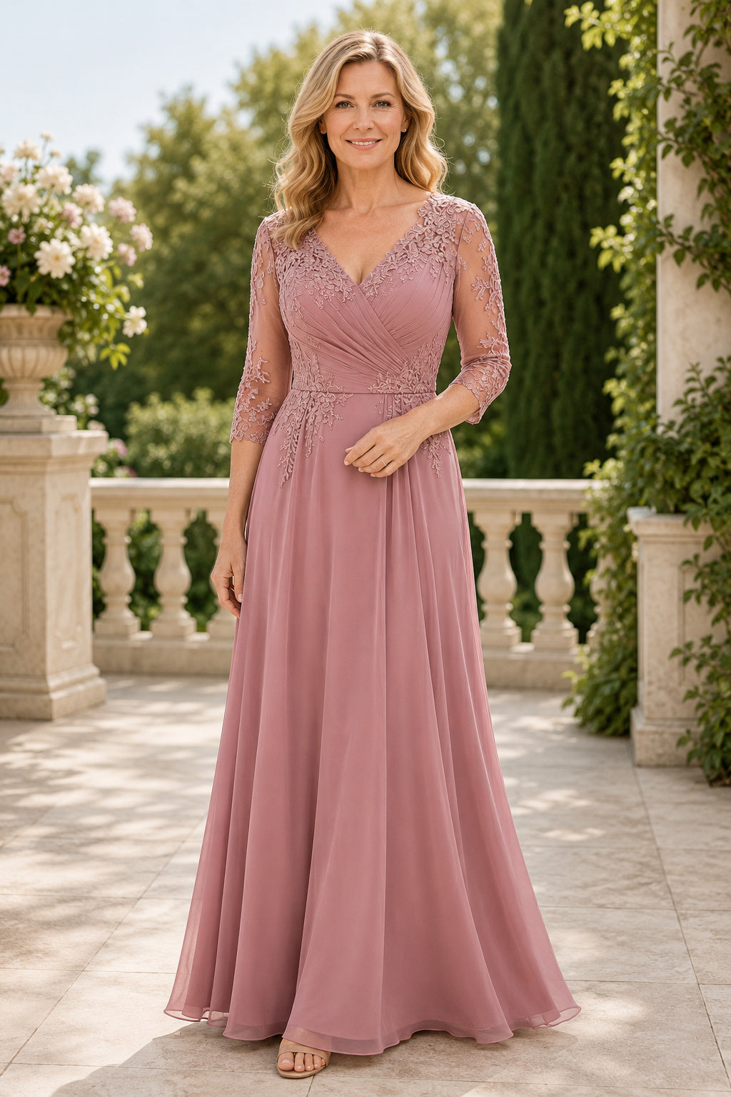 Dusty Rose V-Neck Chiffon A-Line Mother Dress with Lace Three Quarter Sleeves front view