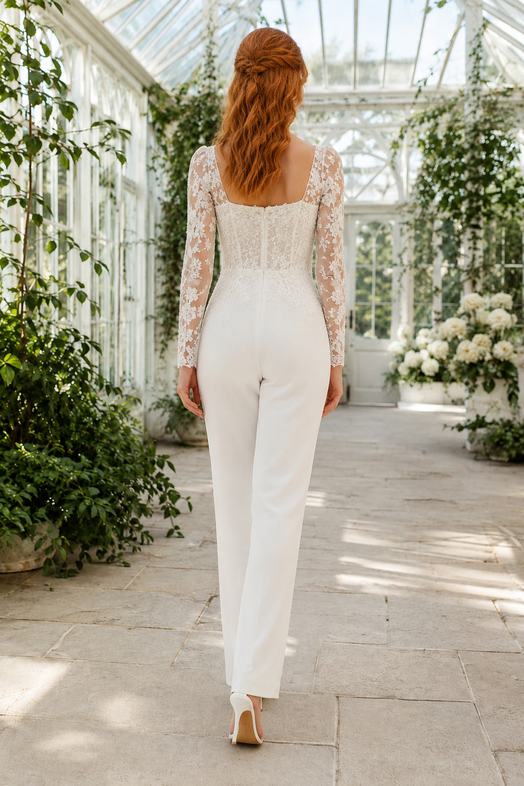 Long Sleeve Lace Bodice Bridal Jumpsuit with Square Neckline back view