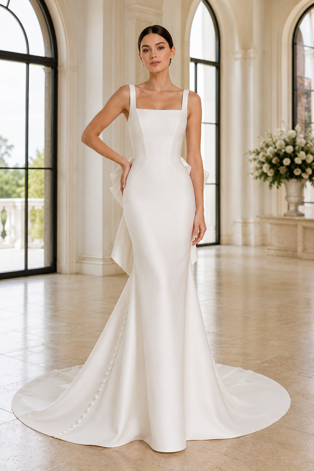 Plus Size Simple Square Neck Satin Mermaid Wedding Dress with Bow Back front view