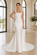 Plus Size Simple Square Neck Satin Mermaid Wedding Dress with Bow Back front view