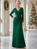 Dark Green Long Sleeve Wrap Satin Floor Length Guest Dress front view