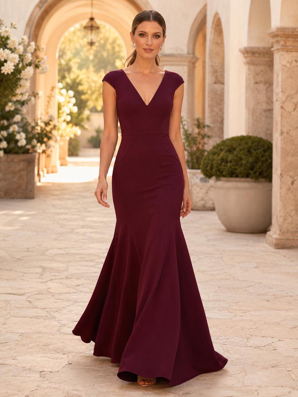 Burgundy V-neck Cap Sleeve Crepe Trumpet Gown front view