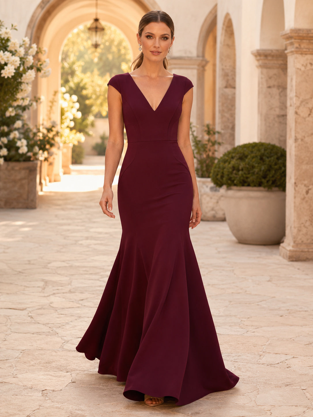 Burgundy V-neck Cap Sleeve Crepe Trumpet Gown front view
