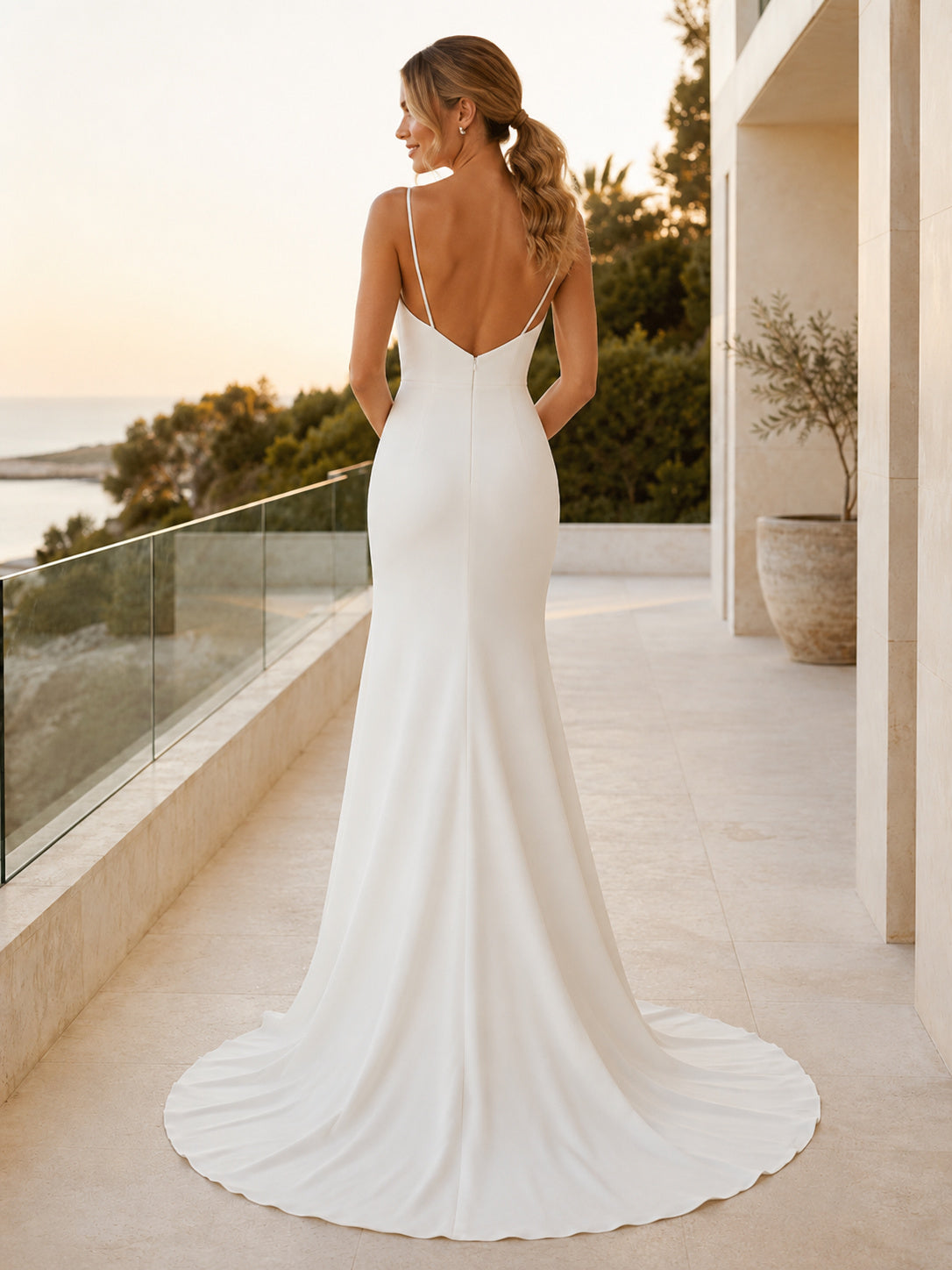 Spaghetti Strap V Neck Crepe Minimalist Villa Bridal Gown back view