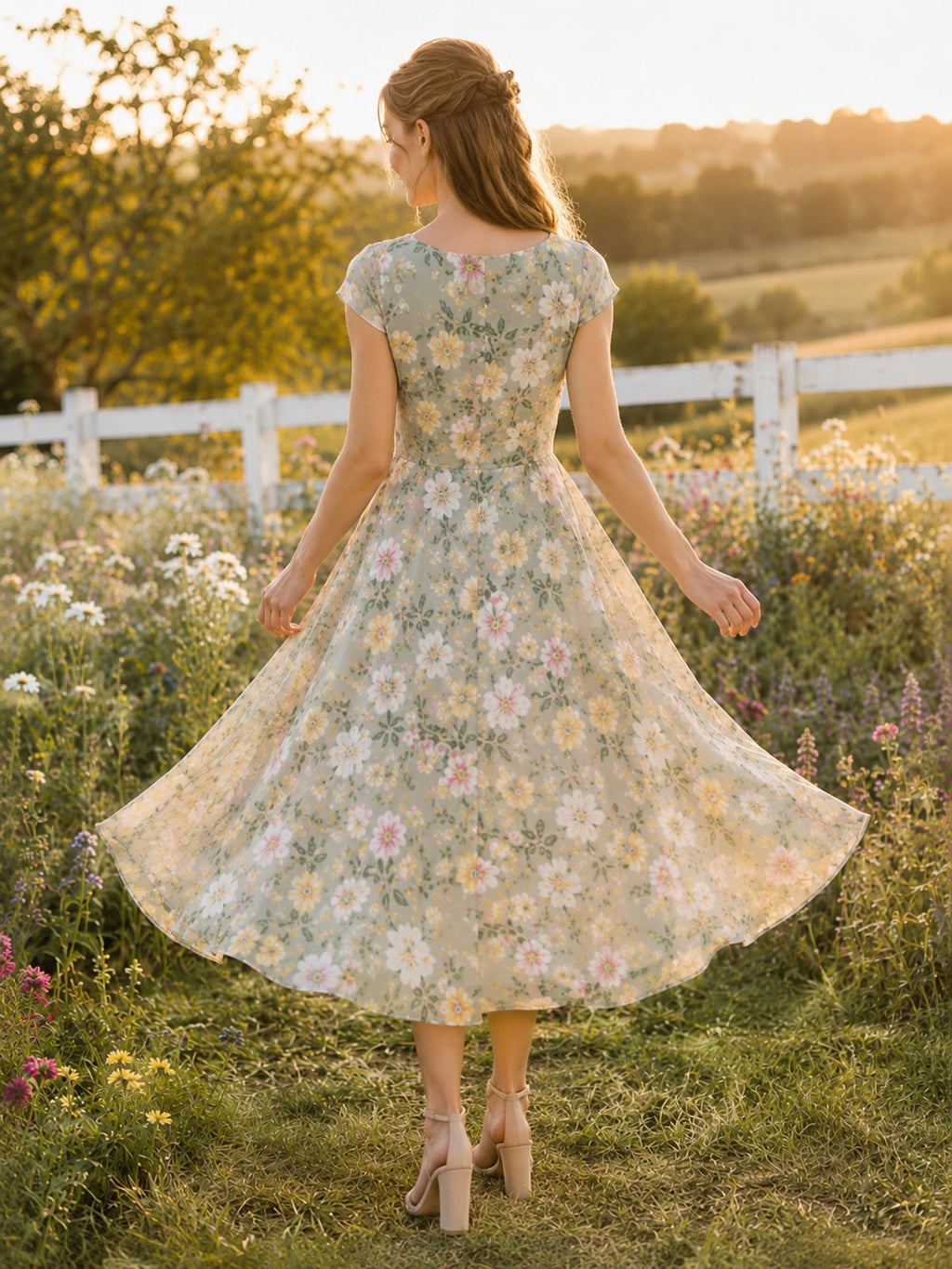 Sage Floral Cap Sleeve Country Garden Tea Dress back view