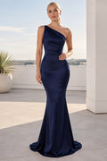 Dark Navy one shoulder stretch satin mermaid gown with fitted skirt and clean train Floor-length And Sweep/Brush Train Mermai