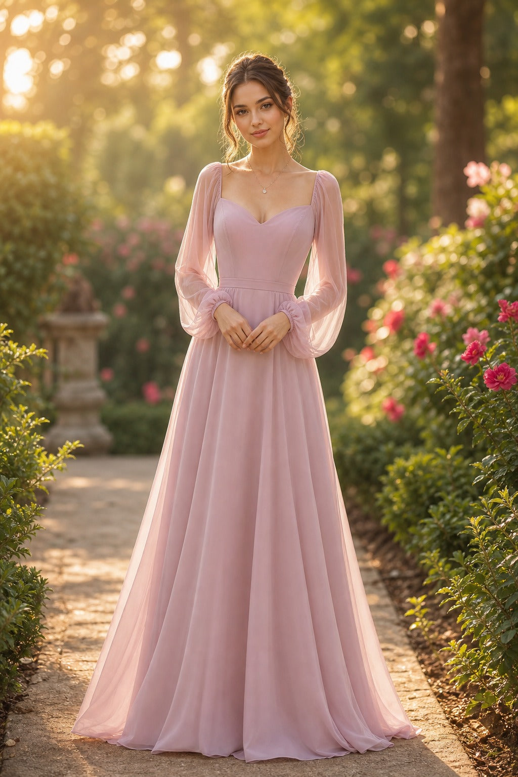 Dusty Rose Scoop Neck Long Sleeve Chiffon A-Line Dress