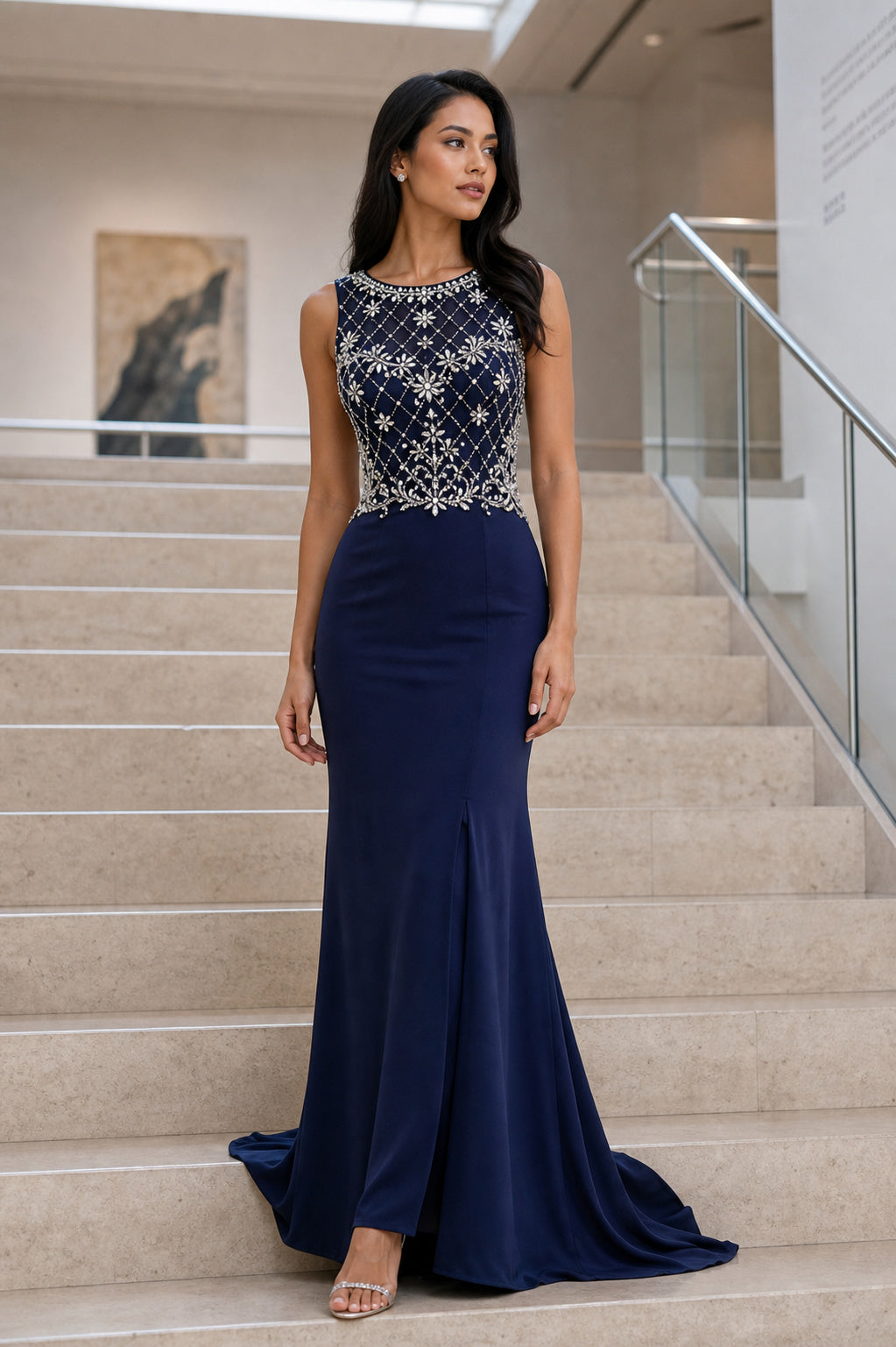 Navy Bateau Sleeveless Sheath Floor-Length Dress With Embroidered Lace Bodice
