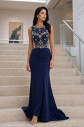 Navy Bateau Sleeveless Sheath Floor-Length Dress With Embroidered Lace Bodice