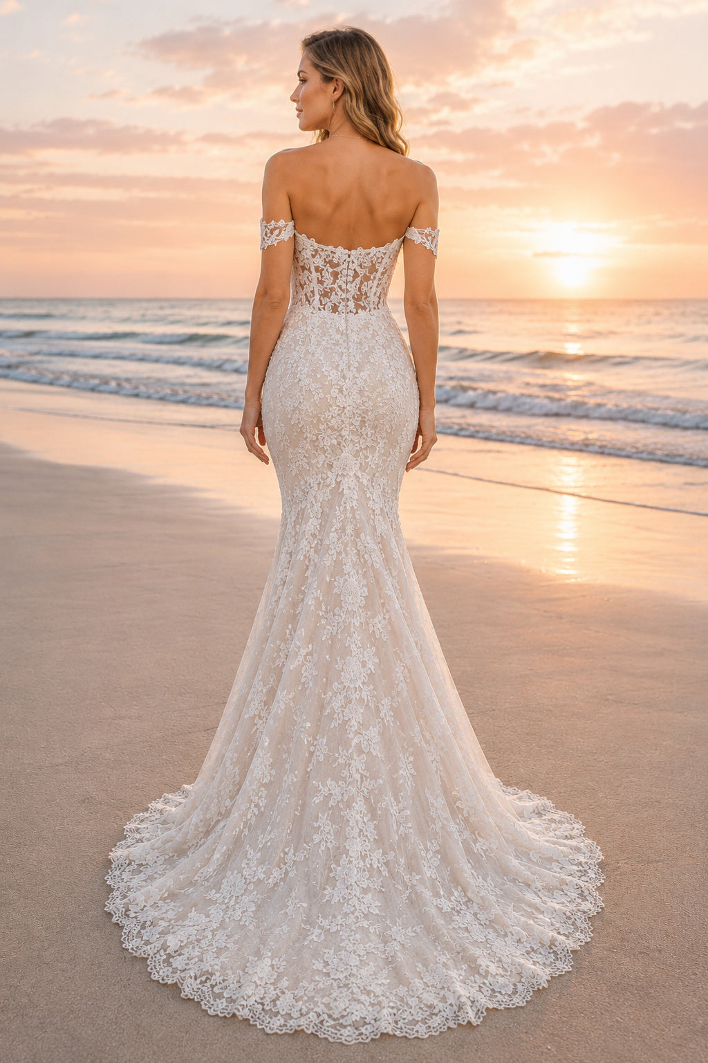 Ivory Off Shoulder Lace Mermaid Wedding Dress Chapel Train for Bridal Ceremony and Reception Style MG_700808 back view