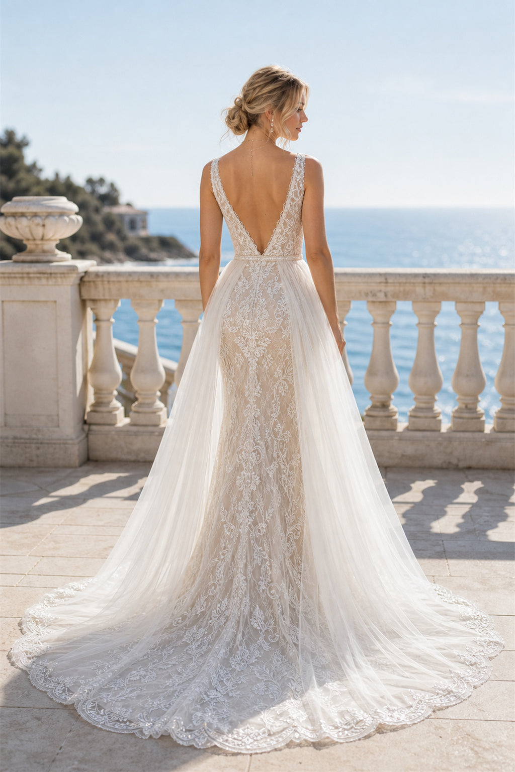 White Illusion A-Line Lace Floor-length Wedding Dress With Lace and Floral Appliques
