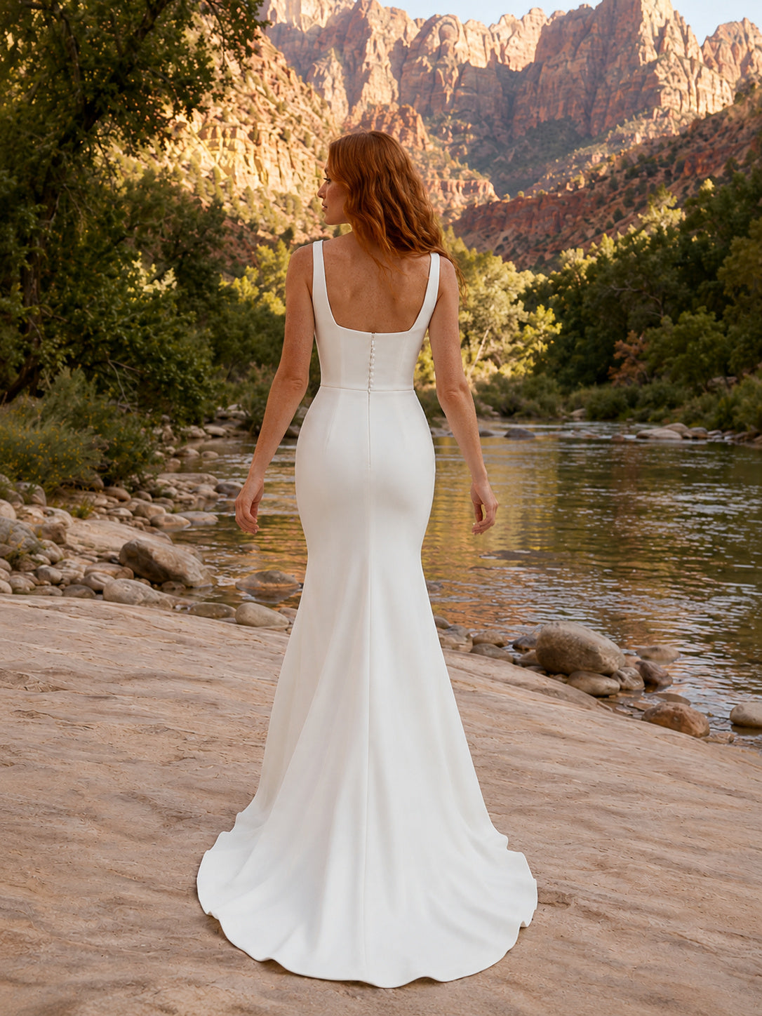 Square Neck Wide Strap Satin Mermaid Sweep Train Riverside Wedding Gown back view