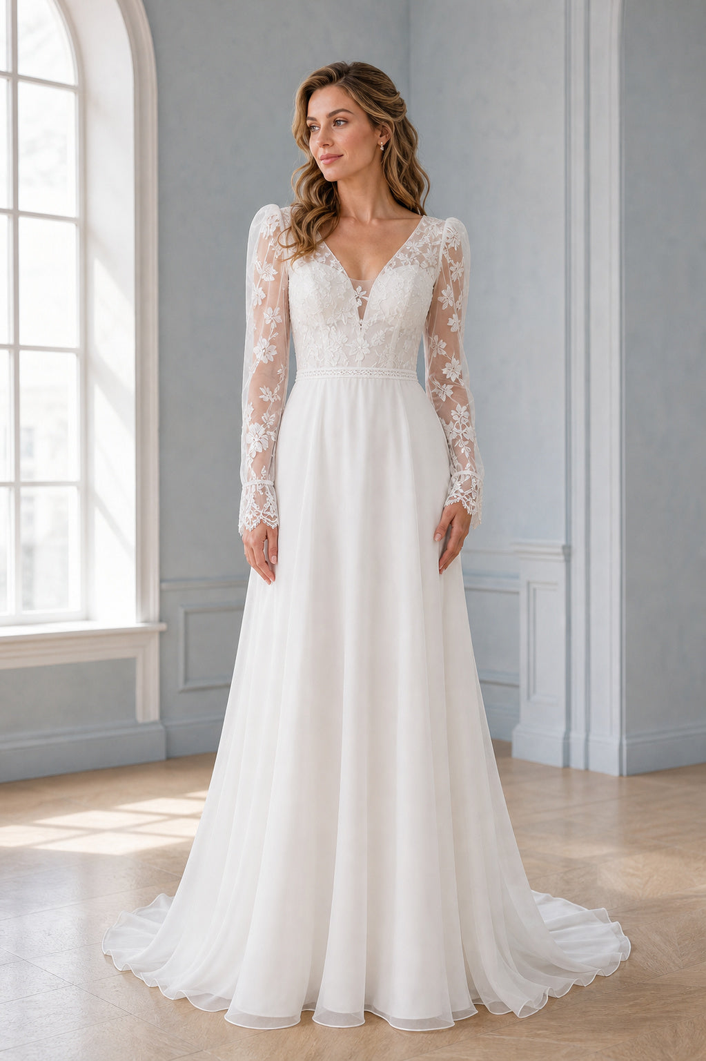 White V-neck A-Line Lace Floor-length Wedding Dress With Lace and Beaded Waist and Open Back
