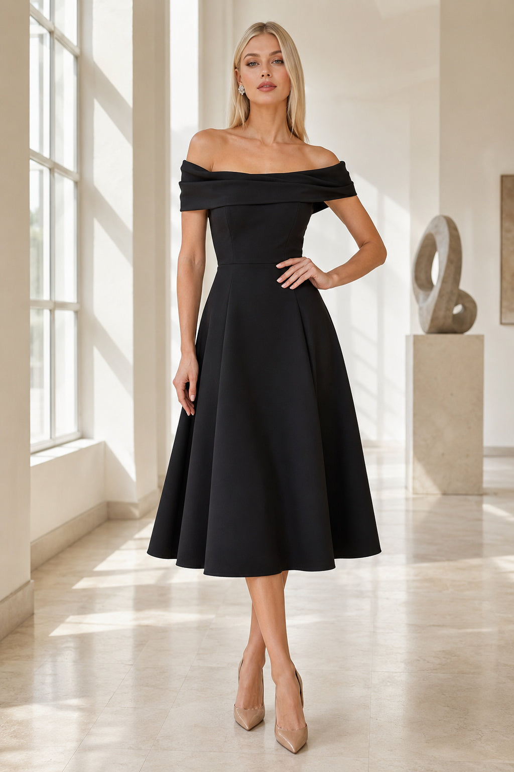 Black Off Shoulder Satin Tea-Length A-Line Formal Dress front view