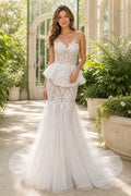 White Sweetheart Mermaid Lace, Tulle Floor-length Wedding Dress With Lace and Peplum