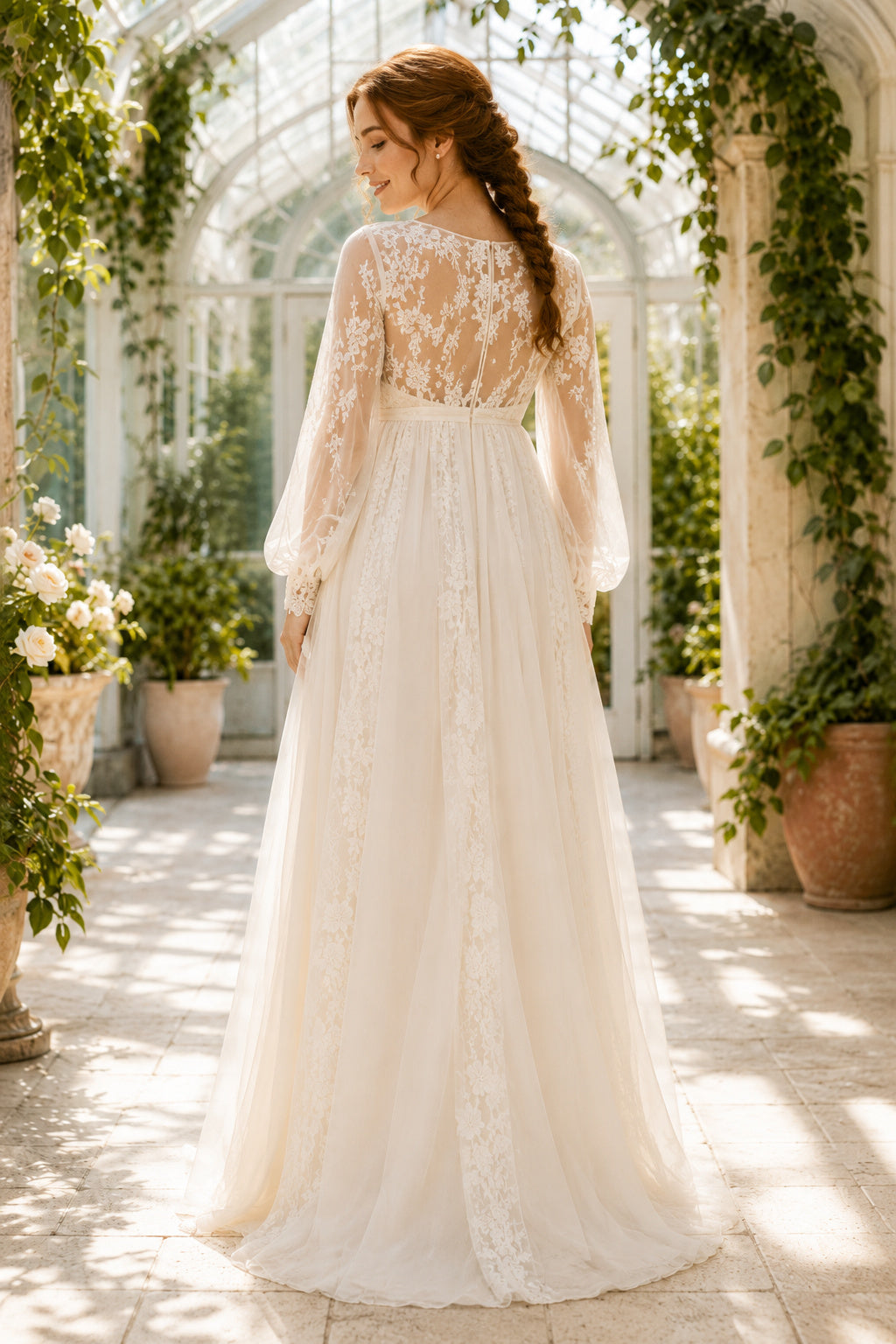 Ivory Maternity V-Neck Long Sleeve Lace A-Line Wedding Dress with Chiffon Skirt back view