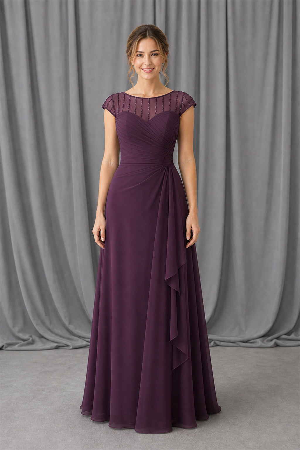 Plum Illusion Cap Sleeve A-Line Chiffon Floor-Length Dress With Ruffle Front