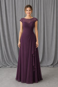 Plum Illusion Cap Sleeve A-Line Chiffon Floor-Length Dress With Ruffle Front