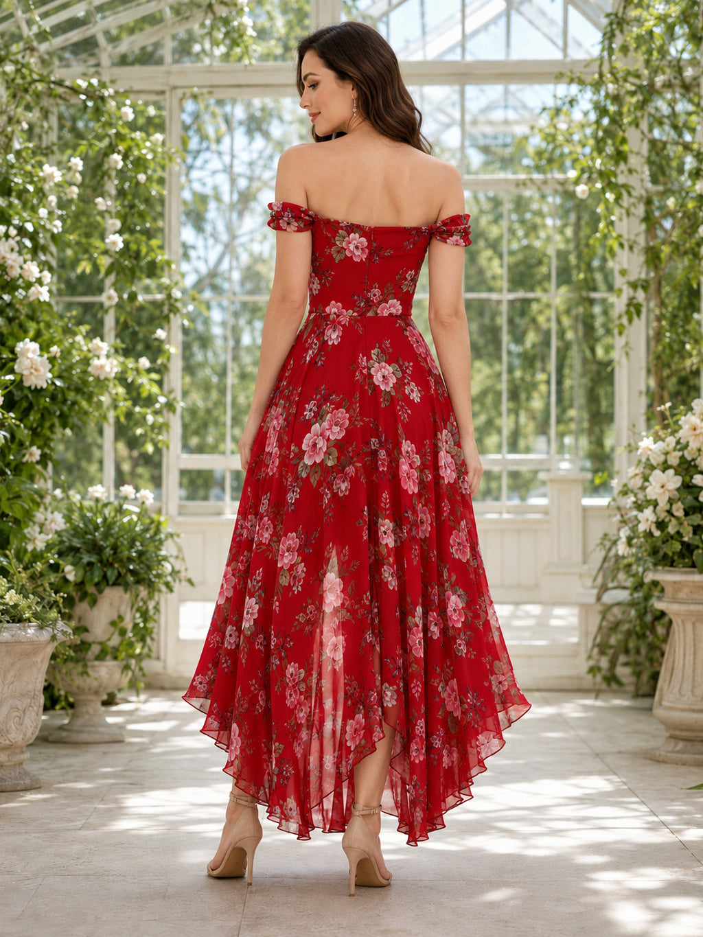 Red Floral Off Shoulder High Low Ruffle Dress back view