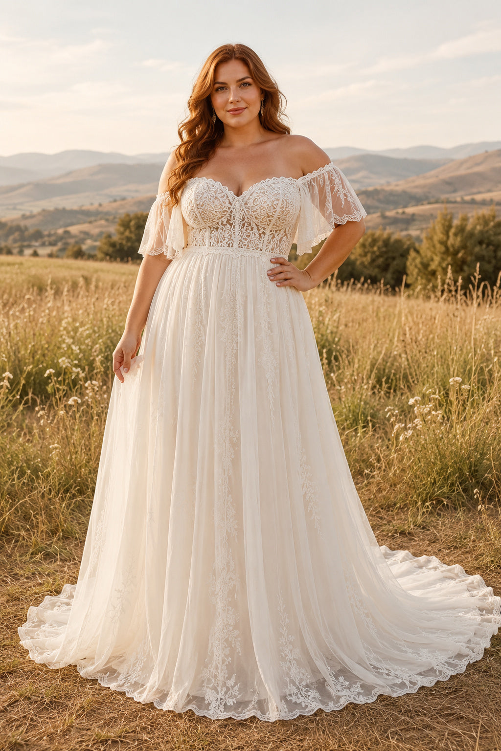 Plus Size Ivory Off-the-Shoulder Sweetheart Flutter Sleeve Lace Tulle A-Line Wedding Dress with Lace Bodice and Soft Chapel T