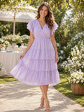 Lavender Maternity V Neck Flutter Sleeve Tiered Chiffon Tea Length Romantic Party Dress front view