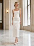 Simple Civil Satin Sheath Square Neck Straps Ankle Length Wedding Dress front view
