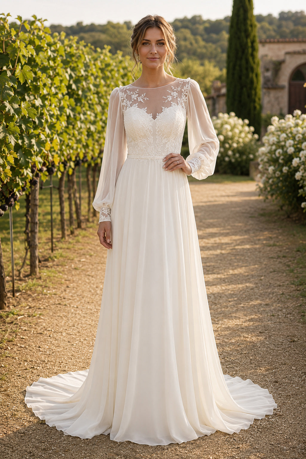 Ivory Jewel Neck Long Sleeve Chiffon A-Line Wedding Dress with Illusion Back front view