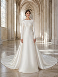 Minimalist Satin Wedding Dress A-Line Bateau Neck Long Sleeve Court Train Bridal Gown front view