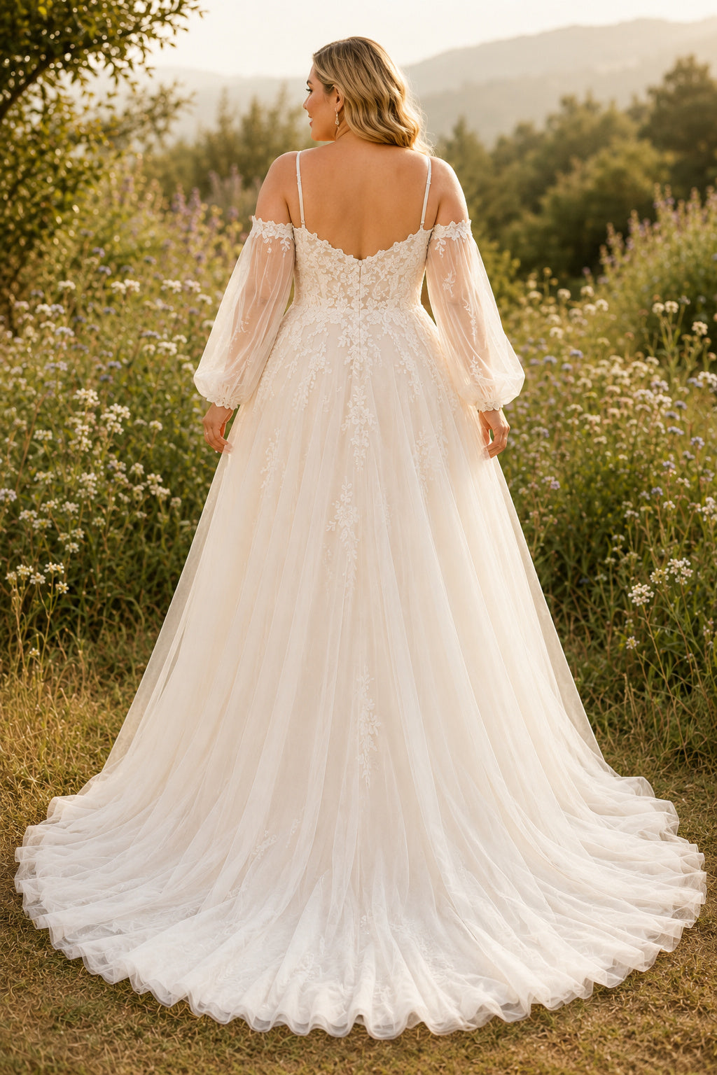 Plus Size Ivory Off-the-Shoulder Sweetheart Poet Sleeve Lace Tulle A-Line Wedding Dress with Poet Sleeves and Soft Tulle Trai