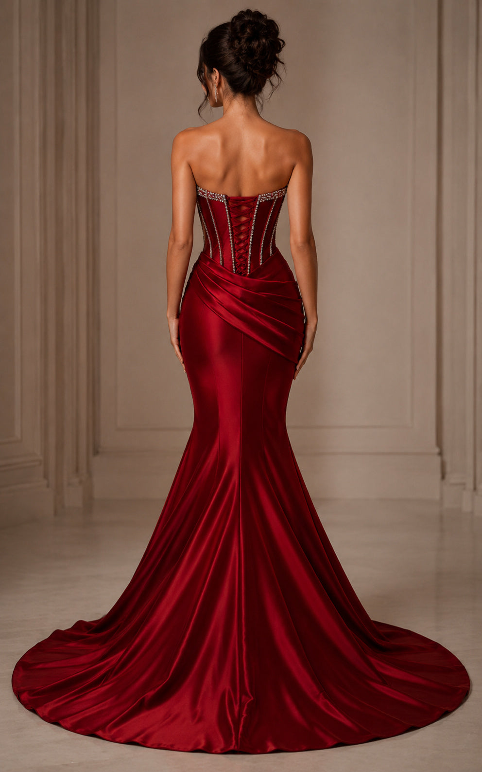 Dark Red Satin Mermaid Prom Dress with Sweetheart Corset Bodice and Crystal Trim back view