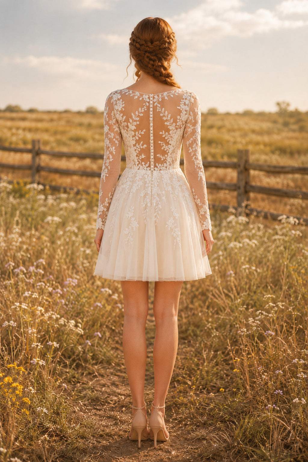 Ivory Long Sleeve Illusion Lace Tulle Mini Reception Dress for Wedding Reception and Party back view