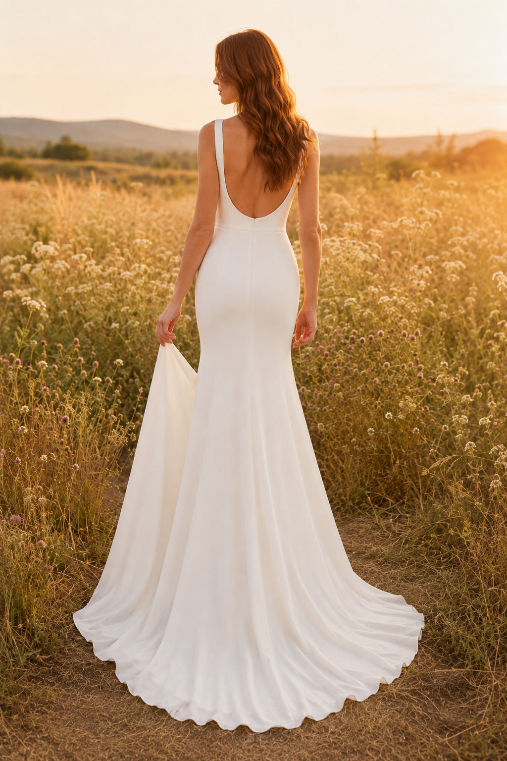 White Scoop Neck Jersey Sheath Wedding Dress with Straps and Soft Train back view